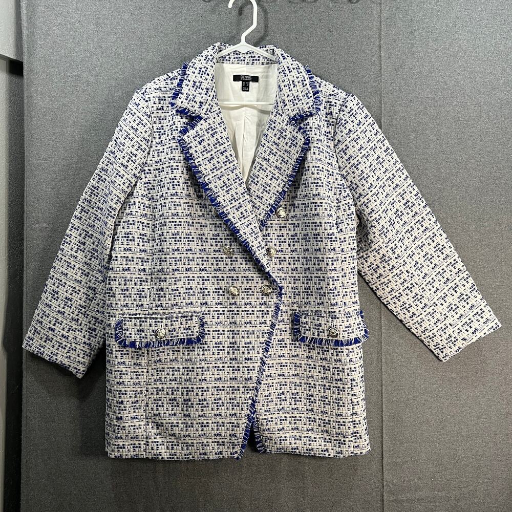 Dennis Basso Tweed Notched Lapel Jacket with Fray Royal Blue Size 26W